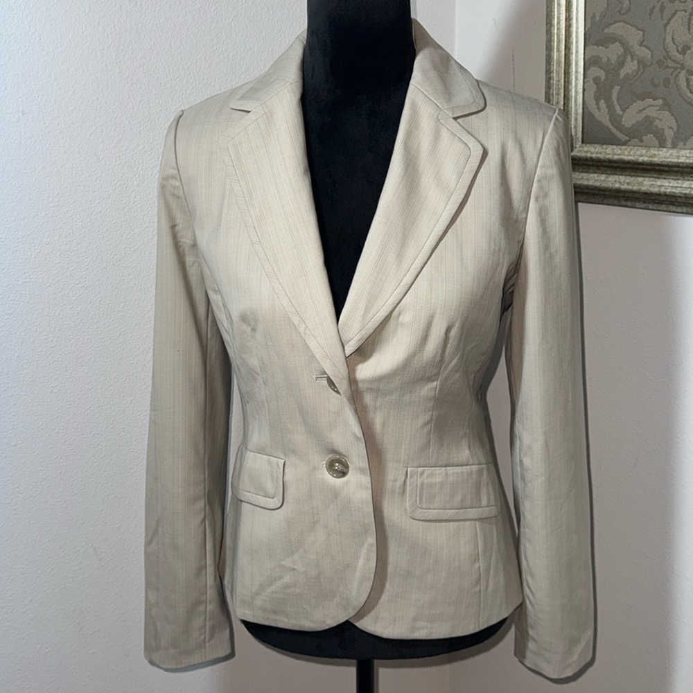 Ann Taylor pin point stripes light tan single front two button blazer Sz 2